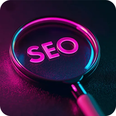 SEO magnifier icon on neon background